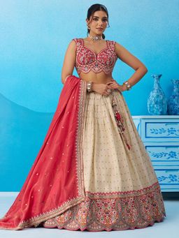Panchhi - Cream Sequinned Semi-Stitched Lehenga and Unstitched Blouse with Dupatta