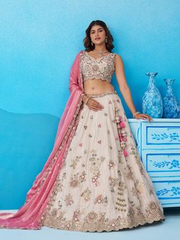 Panchhi - Cream Tissue Sequined Semi Stitched Lehenga and Unstitched Choli with Dupatta