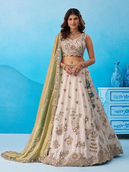 Panchhi - Cream Tissue Sequined Semi Stitched Lehenga and Unstitched Choli with Dupatta