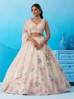 Panchhi - Cream Embellished Semi Stitched Lehenga and Unstitched Choli with Dupatta