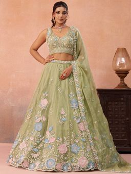 Panchhi - Lime Green Sequined Semi Stitched Lehenga and Unstitched Choli with Dupatta