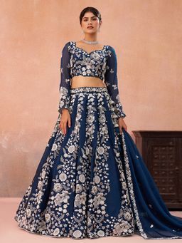 Panchhi - Blue Organza Sequined Semi Stitched Lehenga and Unstitched Choli with Dupatta