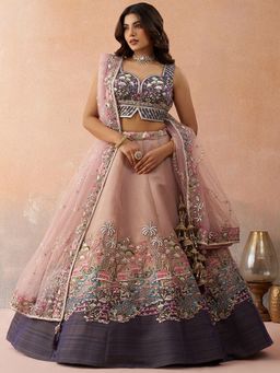 Panchhi - Purple Net Sequined Semi Stitched Lehenga and Unstitched Choli with Dupatta