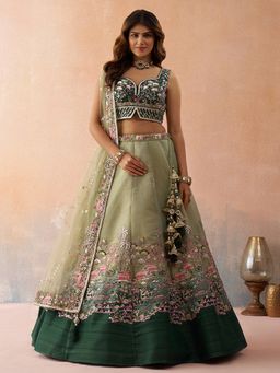 Panchhi - Green Net Sequined Semi Stitched Lehenga and Unstitched Choli with Dupatta