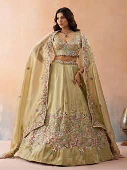 Panchhi - Beige Tissue Sequined Semi Stitched Lehenga and Unstitched Choli with Dupatta