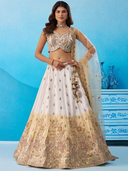 Panchhi - Beige Tissue Sequined Semi Stitched Lehenga and Unstitched Choli with Dupatta