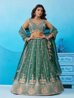 Panchhi - Green Tissue Sequined Semi Stitched Lehenga and Unstitched Choli with Dupatta