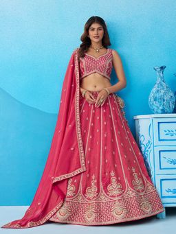 Panchhi - Pink Tissue Sequined Semi Stitched Lehenga and Unstitched Choli with Dupatta