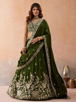 Panchhi - Olive Tissue Sequined Semi Stitched Lehenga and Unstitched Choli with Dupatta