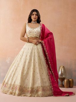 Panchhi - Cream Embroidered Semi-Stitched Lehenga and Unstitched Blouse with Dupatta