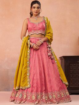Panchhi - Pink Embroidered Semi-Stitched Lehenga and Unstitched Blouse with Dupatta