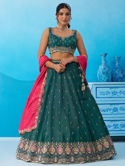 Panchhi - Teal Embroidered Semi-Stitched Lehenga and Unstitched Blouse with Dupatta