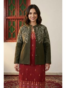 Aurelia - Olive Embroidered Straight Winter Jacket