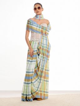 KAMLIE - Off White Checks Cotton Saree with Unstitched Blouse