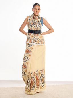 KAMLIE - Beige Ikat Cotton Saree with Unstitched Blouse