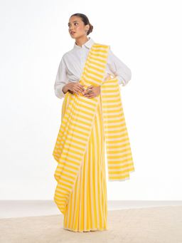 KAMLIE - Yellow Stripes Cotton Blend Saree with Unstitched Blouse
