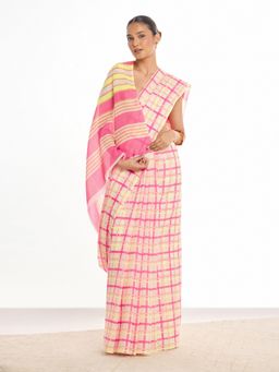 KAMLIE - Off White Tartan Cotton Saree with Unstitched Blouse