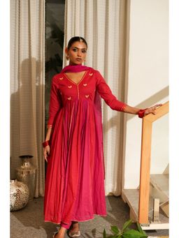 Pink Cactii - Pink Gota Work Anarkali Kurta with Pant and Dupatta