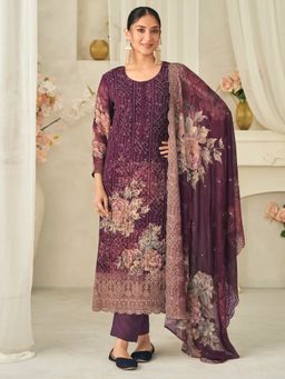 Stylee LIFESTYLE - Wine Embroidered Unstitched Kurta with Unstitched Pant and Dupatta