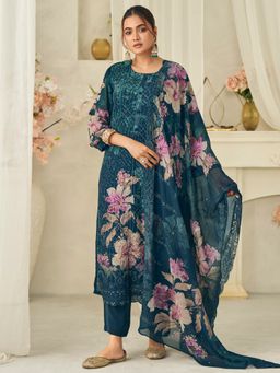 Stylee LIFESTYLE - Teal Embroidered Unstitched Kurta Unstitched Pant with Dupatta and Inner