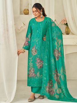 Stylee LIFESTYLE - Green Embroidered Unstitched Kurta Unstitched Pant with Dupatta and Inner