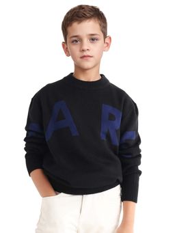 RARE ONES - Boys Black Acrylic Blend Typography Regular Fit Sweater