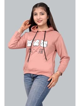 Fnocks - Girls Peach Long Sleeves Graphic Printed Pullover Hoodie