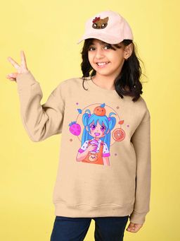 Nusyl - Girls Beige Graphic Printed Full Sleeves Sweatshirt