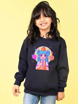 Nusyl - Girls Navy Blue Graphic Printed Full Sleeves Sweatshirt
