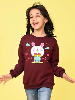 Nusyl - Girls Burgundy Graphic Printed Full Sleeves Sweatshirt