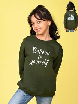 Nusyl - Girls Olive Text Printed Full Sleeves Sweatshirt