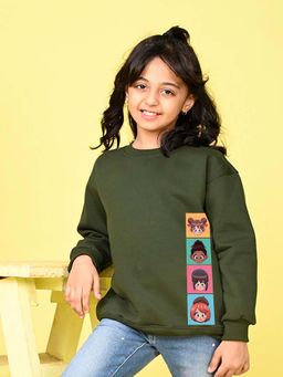 Nusyl - Girls Olive Graphic Printed Full Sleeves Sweatshirt