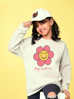 Nusyl - Girls Off White Floral Graphic Printed Smile Full Sleeves Sweatshirt