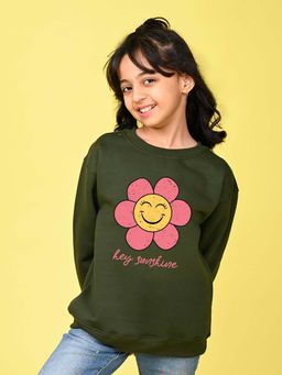 Nusyl - Girls Olive Floral Graphic Printed Smile Full Sleeves Sweatshirt