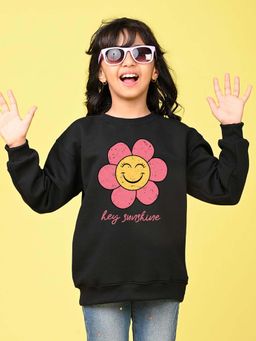 Nusyl - Girls Black Floral Graphic Printed Smile Full Sleeves Sweatshirt