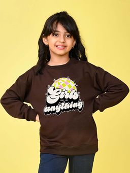 Nusyl - Girls Brown Text Printed Full Sleeves Sweatshirt