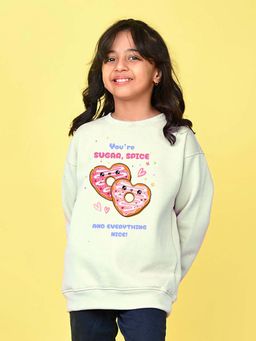 Nusyl - Girls Off White Graphic Printed Full Sleeves Sweatshirt