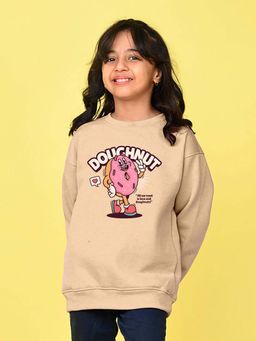 Nusyl - Girls Beige Doughnut Graphic Printed Full Sleeves Sweatshirt