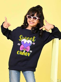 Nusyl - Girls Navy Blue Graphic Printed Sweatshirt