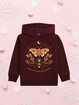 Nusyl - Girls Fleece Warm Graphic Printed Pullover Hoodie - Burgundy