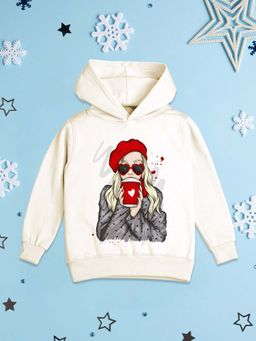 Nusyl - Girls Fleece Warm Graphic Printed Pullover Hoodie - White