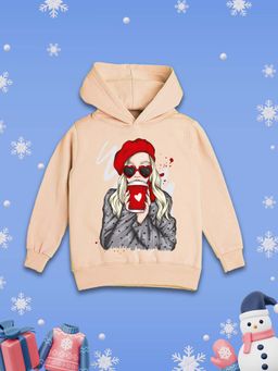 Nusyl - Girls Fleece Warm Graphic Printed Pullover Hoodie - Beige