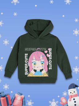 Nusyl - Girls Fleece Warm Graphic Printed Pullover Hoodie - Olive