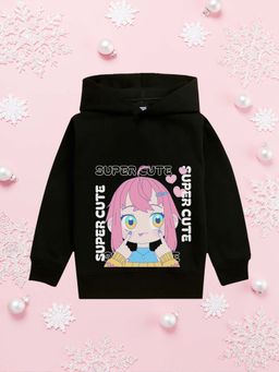 Nusyl - Girls Fleece Warm Graphic Printed Pullover Hoodie - Black