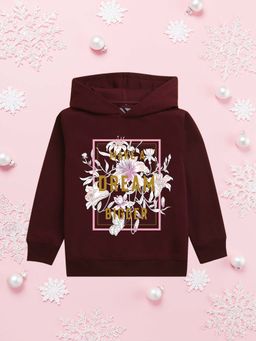 Nusyl - Girls Fleece Floral Printed Warm Pullover Hoodie - Burgundy