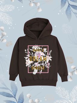 Nusyl - Girls Fleece Floral Printed Warm Pullover Hoodie - Dark Brown