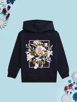 Nusyl - Girls Fleece Floral Printed Warm Pullover Hoodie - Navy Blue