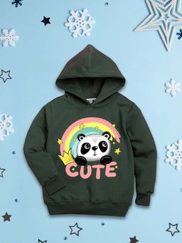 Nusyl - Girls Fleece Graphic Printed Warm Pullover Hoodie - Olive