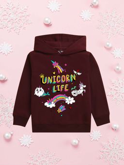 Nusyl - Girls Fleece Warm Graphic Printed Pullover Hoodie - Burgundy