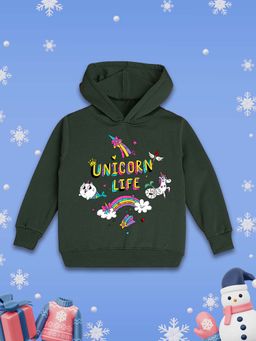 Nusyl - Girls Fleece Warm Graphic Printed Pullover Hoodie - Olive